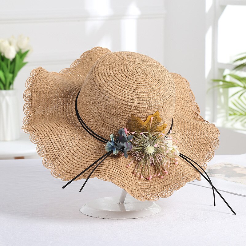 sombrero de novia de playa de verano sombrero de paja de hoja de flores de ala ancha sombrero de mujer de vacaciones de de viaje sombrero de sol YSAN678: Caqui