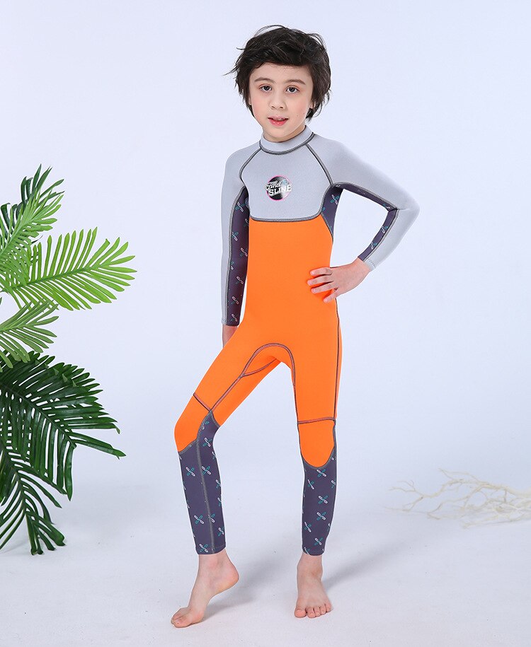 kids teenage youth full wetsuit 2.5mm neoprene long sleeve suit one-piece keep warm for cold water diving surf swimming: 1904 orange-grey / XL