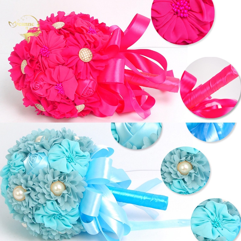 Fuksja niebieskie bukiety ślubne szyfonowa 20cm kwiaty bukiet druhny Ramos De Flores sztuczny bukiet De Mariage niska cena