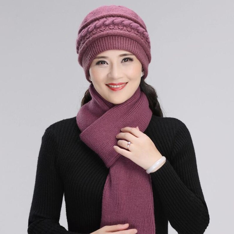 Lã de malha chapéu feminino inverno quente elegante cachecol avó mãe presente natal meia-idade idosos feminino moda boné h7165: PurpleB