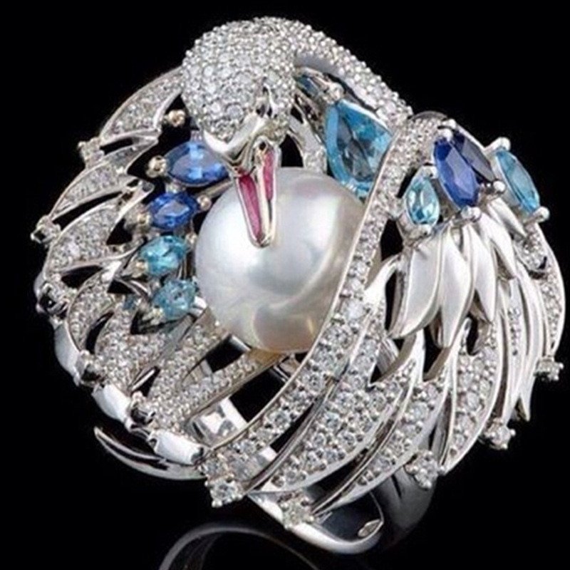 Letapi Zilveren Kleur Luxe Vintage Witte Zwaan Gesimuleerde Parel Bruiloft Engagement Ringen Voor Vrouwen Party Vrouwelijke Sieraden