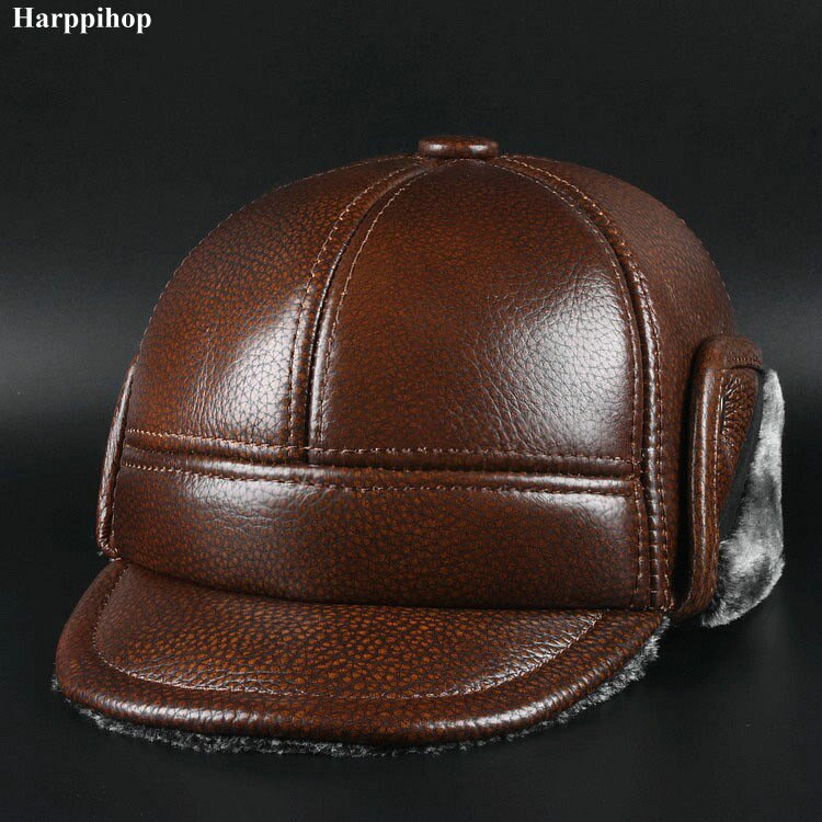 Le chapeau d'hiver en cuir pur pour homme, chapeau de père noël , casquette d'oreille moyenne: Rouge / 59