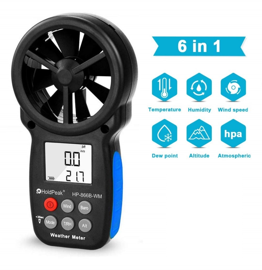 Anemómetro HoldPeak HP-866B-WM, medidor de velocidad del viento, Sensor Digital, taza, anemómetro de 30 m/s, LCD, herramienta de medición manual de humedad del aire