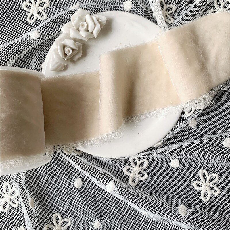 50mm Silk Velvet Ribbon With Frayed Edged Ribbon For Wedding Ribbon packaging ribbon 100% silk ribbon soft ribbon: beige