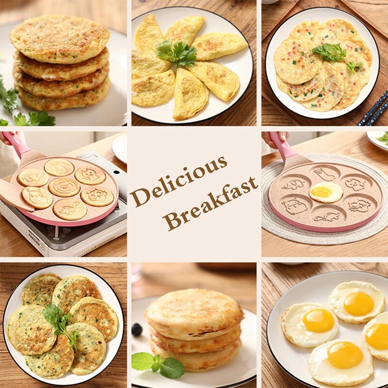 7 Holes Pancake Mold Non-Stick Griddle Maker Animal Face Pancake Steak Cooking Egg Ham Pans with Silicone Spatula Pink
