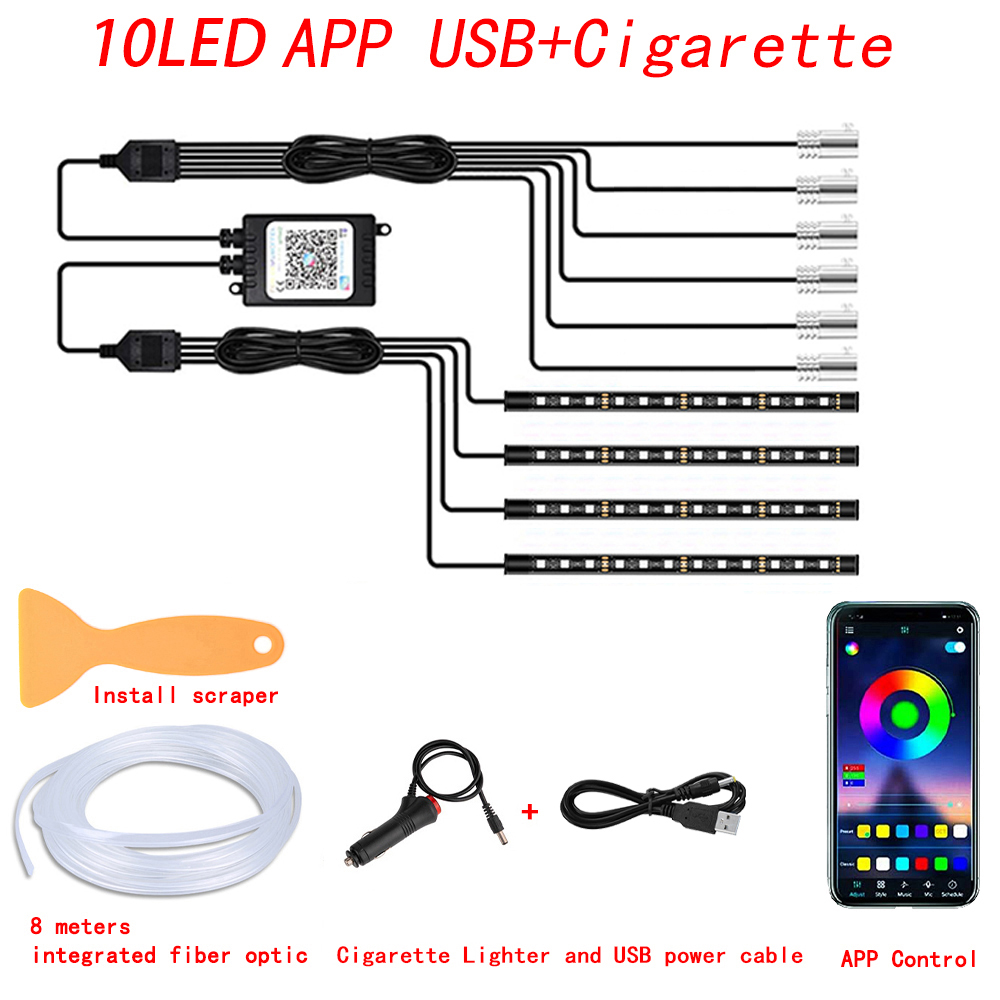 LED Car Interior Ambient Strip Lights, RGB Fibra Óptica, Atmosfera Neon Lighting Kit, Controle Remoto, Auto Lâmpadas Decorativas: cambiável