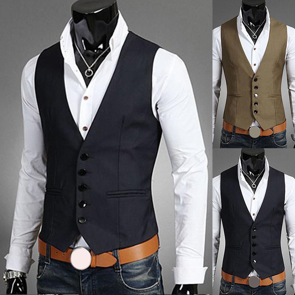 Effen kleur v-hals knoopsluiting mouwloos slim fit vest vest jurk vesten voor zakelijk gebruik vest