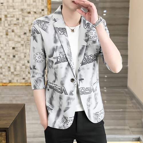 Sommer Männer Blazer Jacke 3/4 Hülse Hochzeit Business Blazer Slim Fit Männliche Straße Tragen Soziale Casual Kleid Mantel Veste Homme: Grau / XL