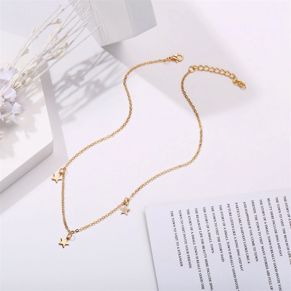 Pendant Necklace For Women Simple Alloy Gold Three Stars Long Chain Necklace Rose Flower Collar Female Jewelry