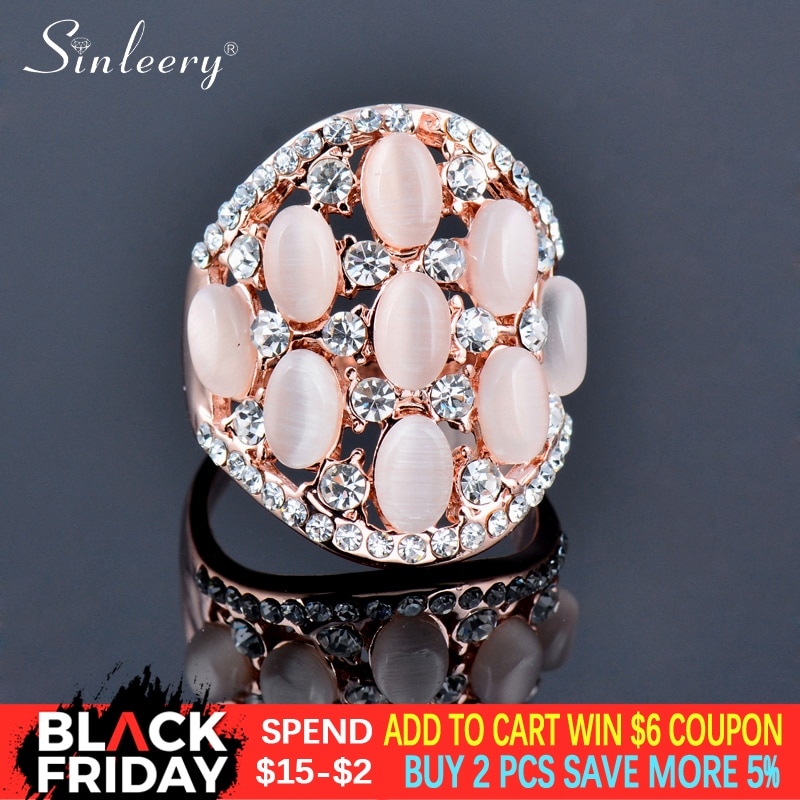 SINLEERY Vintage Opal Rhinestone Hollow Big Wide Rings For Women Jewelry Rose Gold Color JZ197 SSF