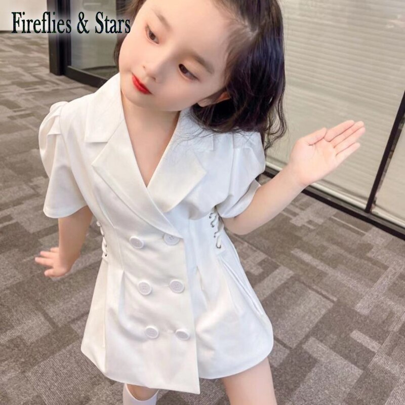 Costume d&#39;été pour filles, veste pour bébé, manteau, Blazer blanc, vêtements pour enfants, laçage à la taille, manches fines et douces plissées, pour enfants de 2 à 8 ans