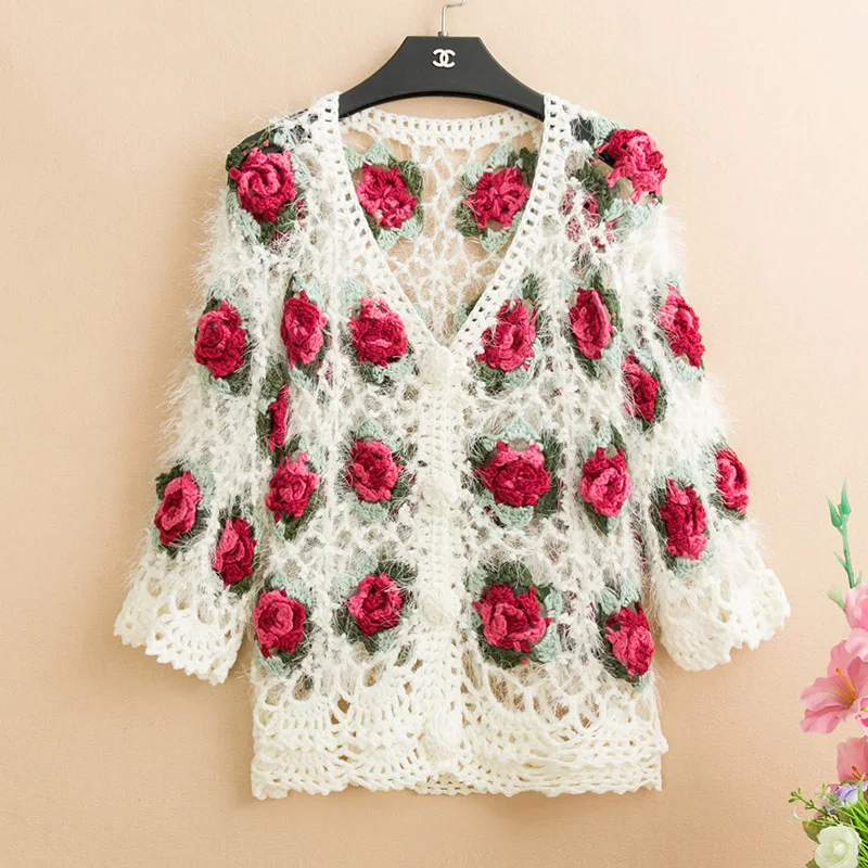 3d blomsterde damecardigans mohair hæklede cardigans til kvinder roseblomsttrøjer strikkede toppe: Hvid