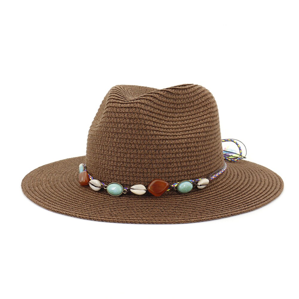 Women's Hat Summer Wide Brim Straw Hats Big Sun Hats UV Protection Panama floppy Beach Hats Ladies hat chapeau femmel Fedoras: Brown