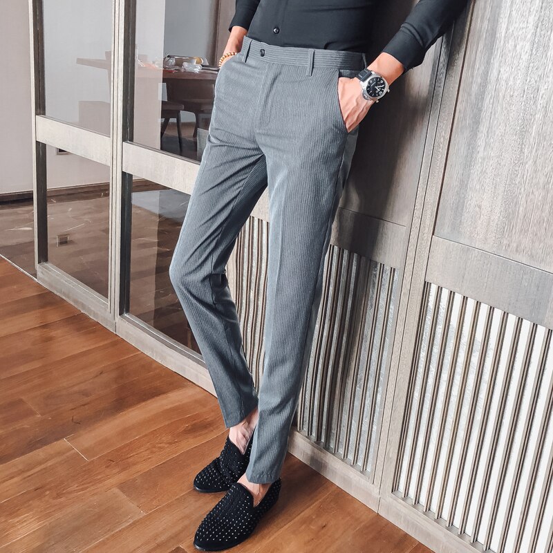 Pantalon homme kostuum gestreepte pak broek heren formele broek voor heren nette broek slim fit heren broek kantoor zakelijk: Donkergrijs / 30