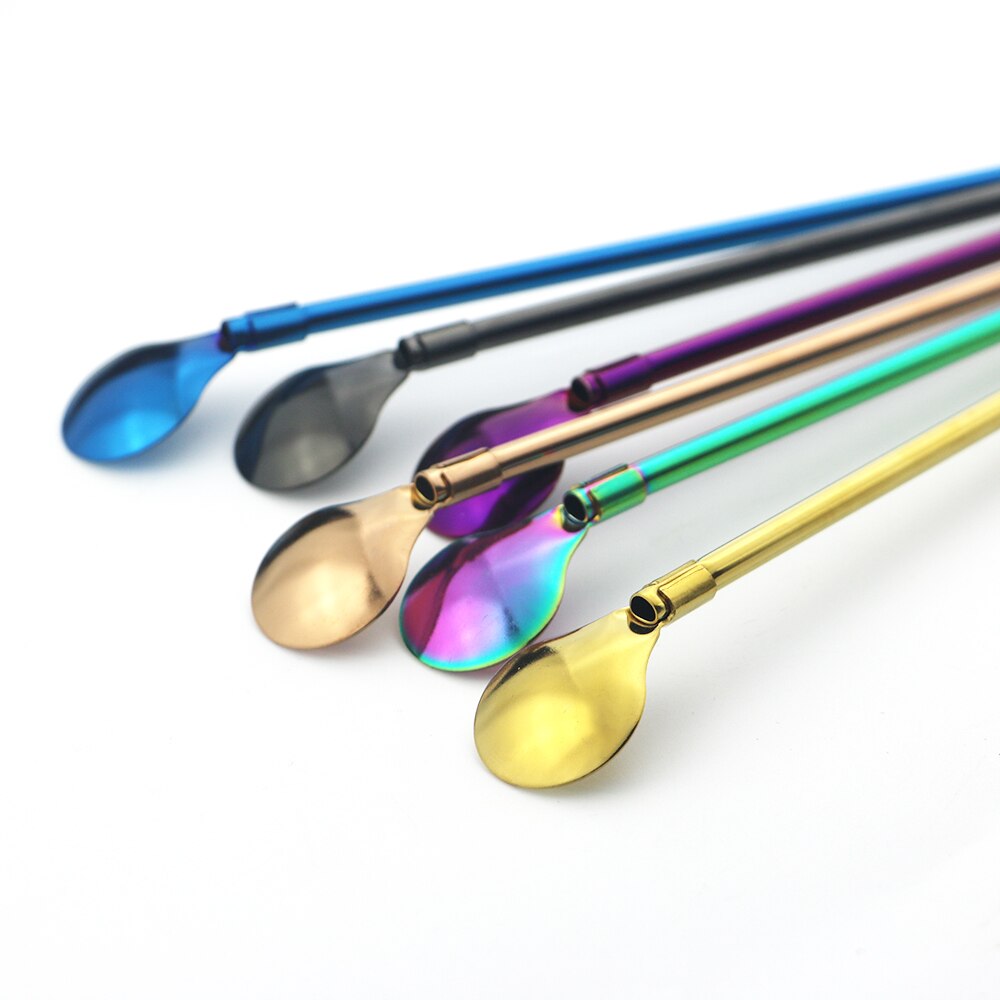 4 unids/set reutilizable paja larga cuchara Multicolor 18/10 pajas de acero inoxidable cuchara para té Bar de café agitación cuchara de beber
