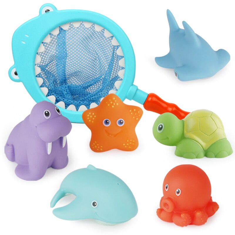 Brinquedos de banho 7 pçs para crianças brinquedos de praia para crianças brinquedos de água brinquedos de borracha macia animais de água brinquedos para banho de chuveiro de bebê tubarão