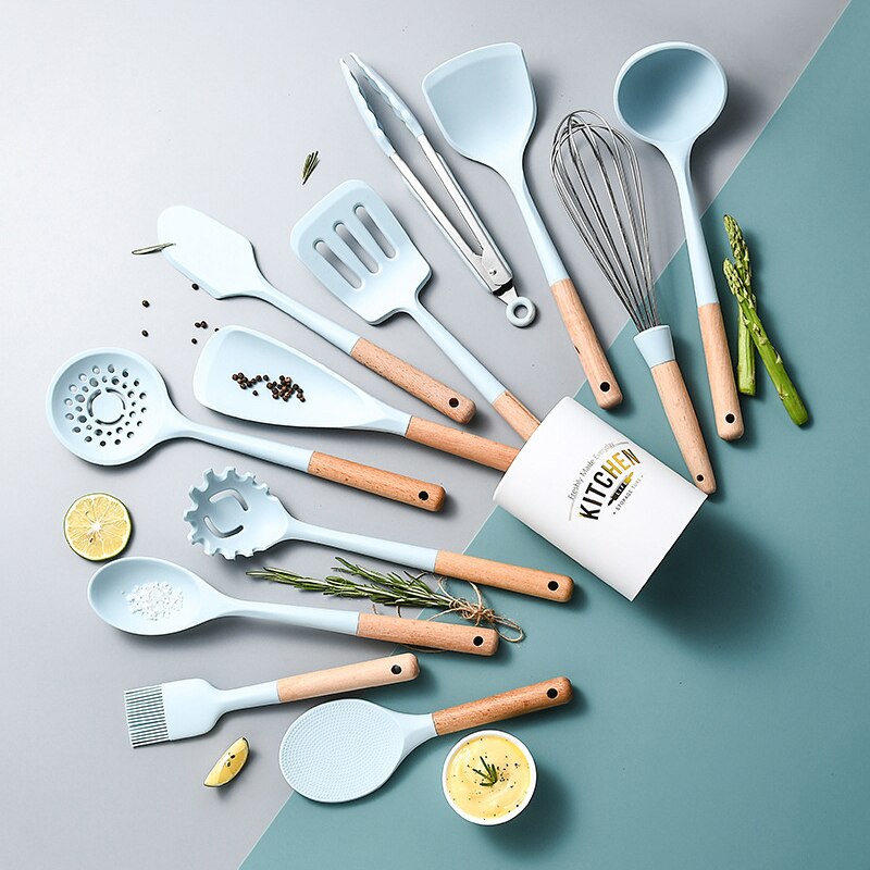Light Blue Silicone Kitchenware Set Spatula Ladle Egg Beaters Shovel Soup Spoon Non Stick Cookware Kitchen Utensils 8-13 PCS