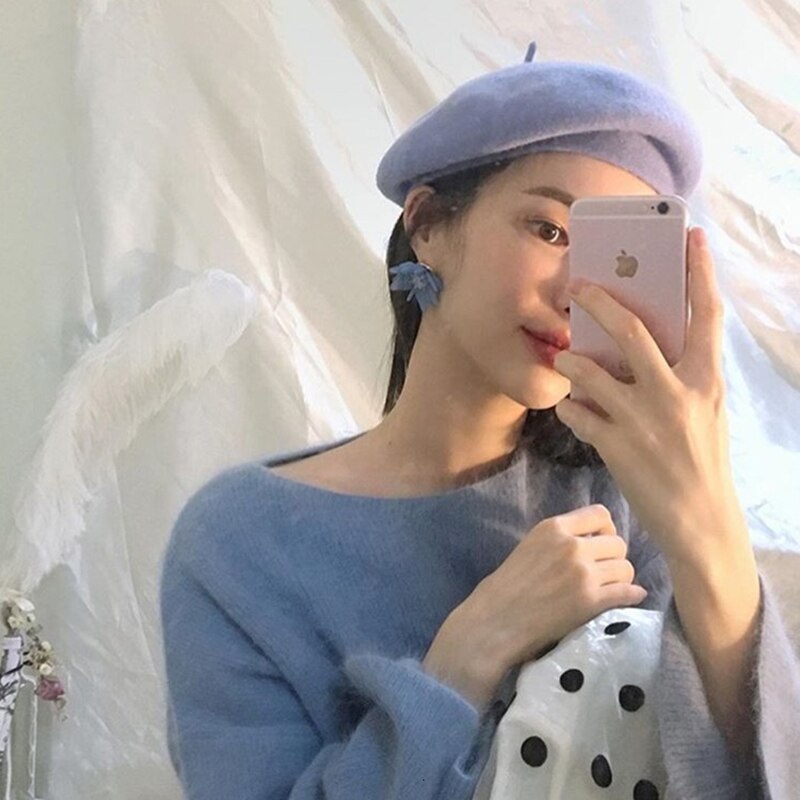 Winter Goedkope Effen Kleur Baret Caps Vrouwelijke Motorkap Vrouwen Caps Vrouwelijke Schilder Alle Matched Warm Walking Baret Paars Baret