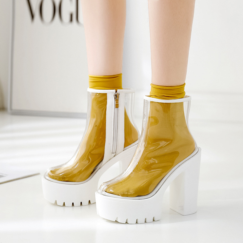 PRETO BRANCO 19 Women Clear Boots Transparent Bottom Waterproof Platform Thick Heel High Heel Round Roe Boots Shoes: White / 37