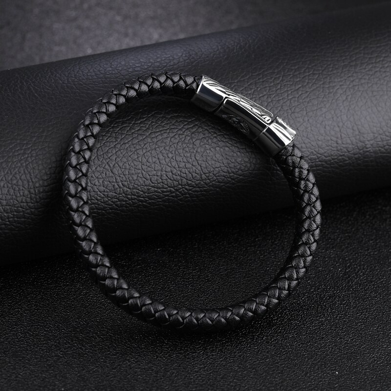 Mozo pulseira masculina de couro, joias da moda masculinas, pulseira de couro preto, espada punk de aço inoxidável, charme de fivela magnética de alta qualidade ps2079