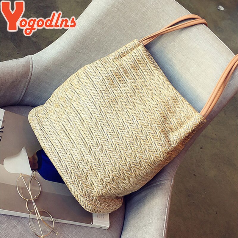 Yogodlns – sacs de plage en paille pour femmes, sac seau tissé en lin, grands sacs à main décontractés, fourre-tout tricoté en rotin, sac à bandoulière