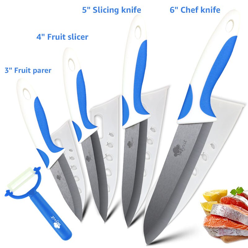 Kitchen Ceramic Knife 3 4 5 6 inch + Peeler Chef Paring Utility Slicing Fruit Vegetable Knife Black Blade Kitchen Cooking Tool: 3456 BLUE WHITE