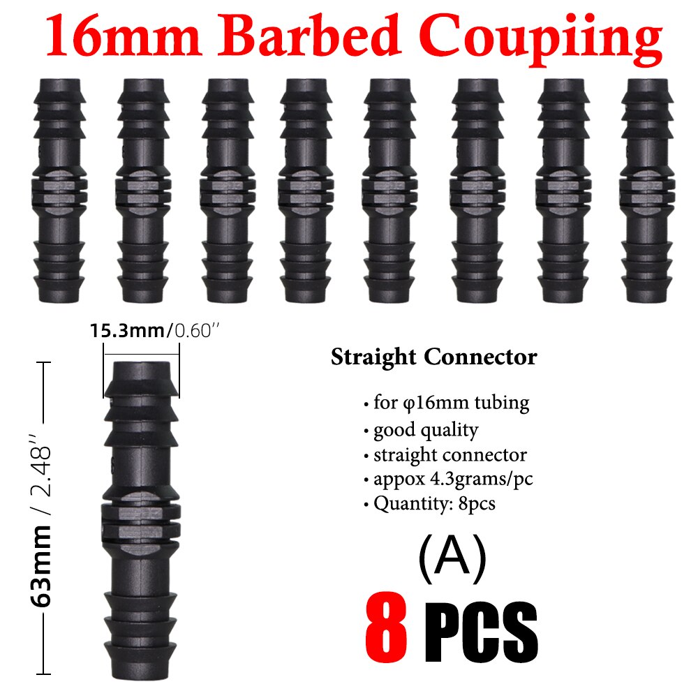 Garden Irrigation 16 20 25mm Tubing Barbed Connector Fitting Tee Elbow Couplings End Plug Shut Off Micro Drip Hose Adapter: AX8PCS