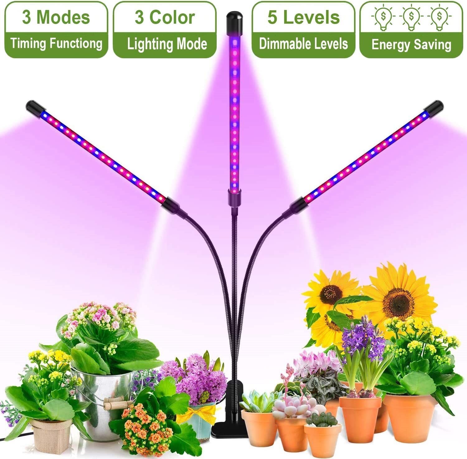 LED Indoor Grow Lamp 5 3/9/12 H Timing 5w Dimmable Levels for Indoor Plant House Garden Hydroponics Succulent Growing