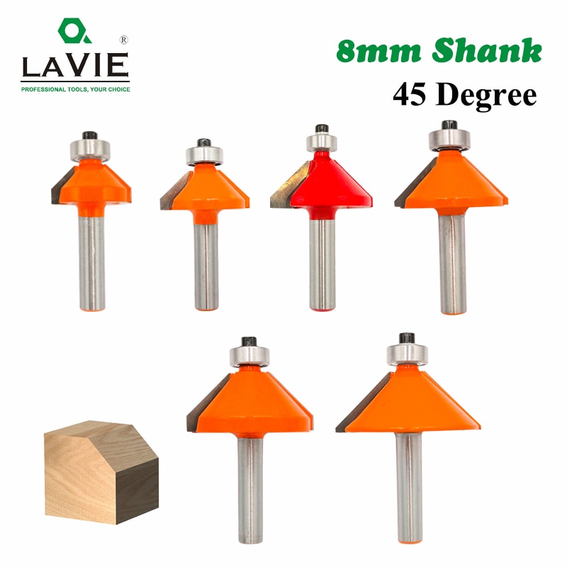 LA VIE 1pc 8mm Shank 45 Degree Chamfer Edge Forming Router Bit Bevel Flush Trim Bit Woodworking Milling Cutter Bits MC02021