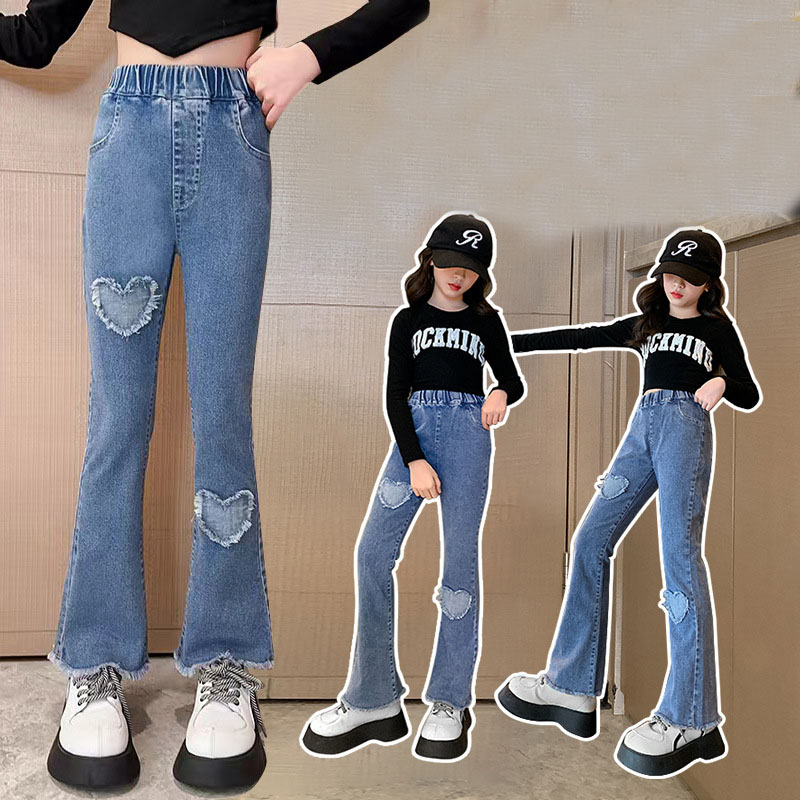 Jeans en dentelle perlée pour adolescentes, pantalons en denim pour filles, pantalons monochromes à la taille pour enfants, bas à cloche décontractés, nouvelle: Beige / 11