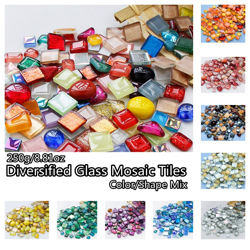 Azulejos de mosaico de vidrio diversificado, materiales para manualidades de mosaico DIY, mezcla de colores/formas, piedras de mosaico brillantes redondas/triangulares/cuadradas, 250g/8,81 oz