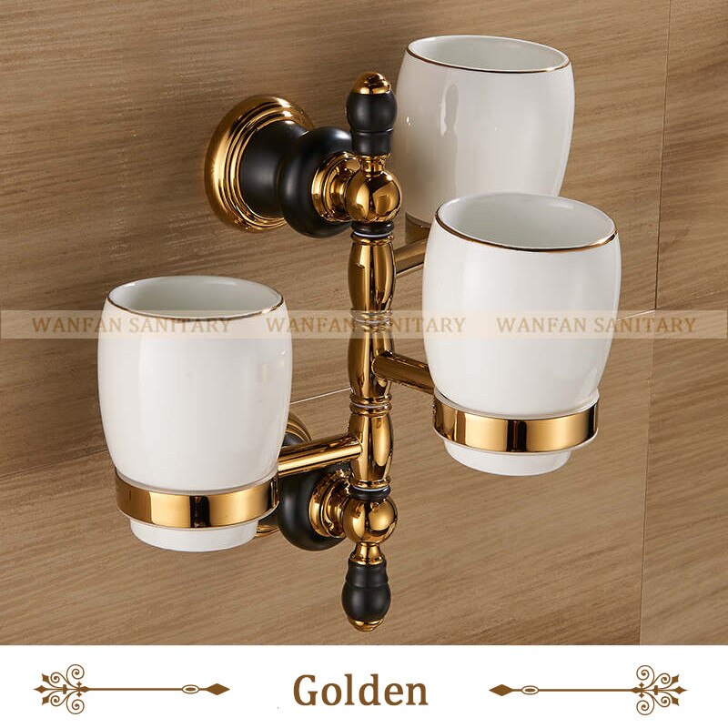Portavasos de porcelana ajustable para baño, soporte de lujo de oro para tres tazas, para cepillo de dientes, montado en la pared, XL66836: Default Title