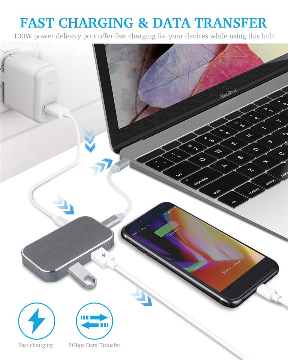 ¡Novedad de ! Adaptador de concentrador USB 3,1 tipo C a HDMI 4K 60Hz 100W PD Thunderbolt 3 USB C tipo-c con HUB USB 3,0 para MacBook Pro/Air