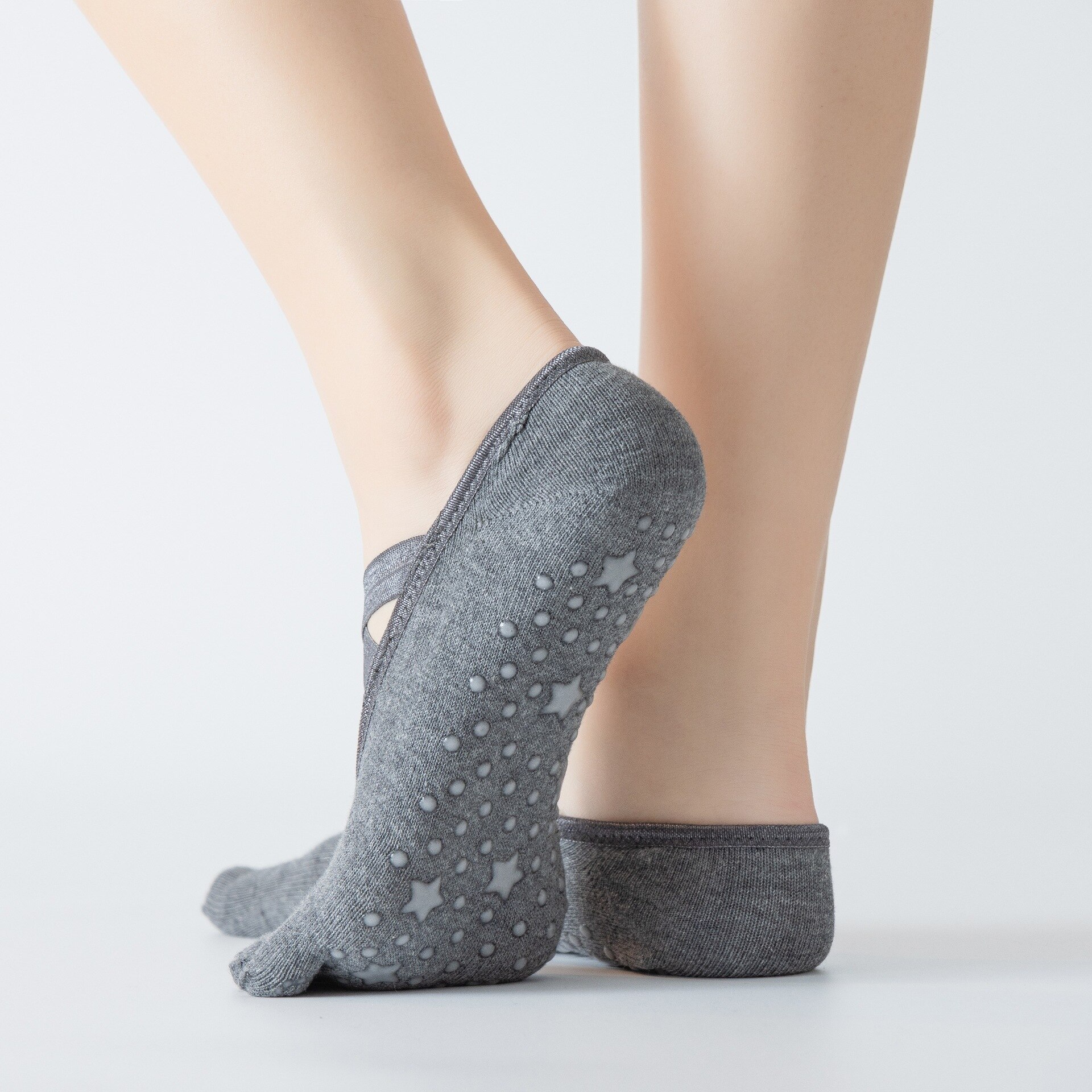 Lace Up Vijf Tenen Yoga Sokken Antislip Star Lijm Dot Grensoverschrijdende Pilates Sokken Vrouwen Katoen Ademende Sokken: gray