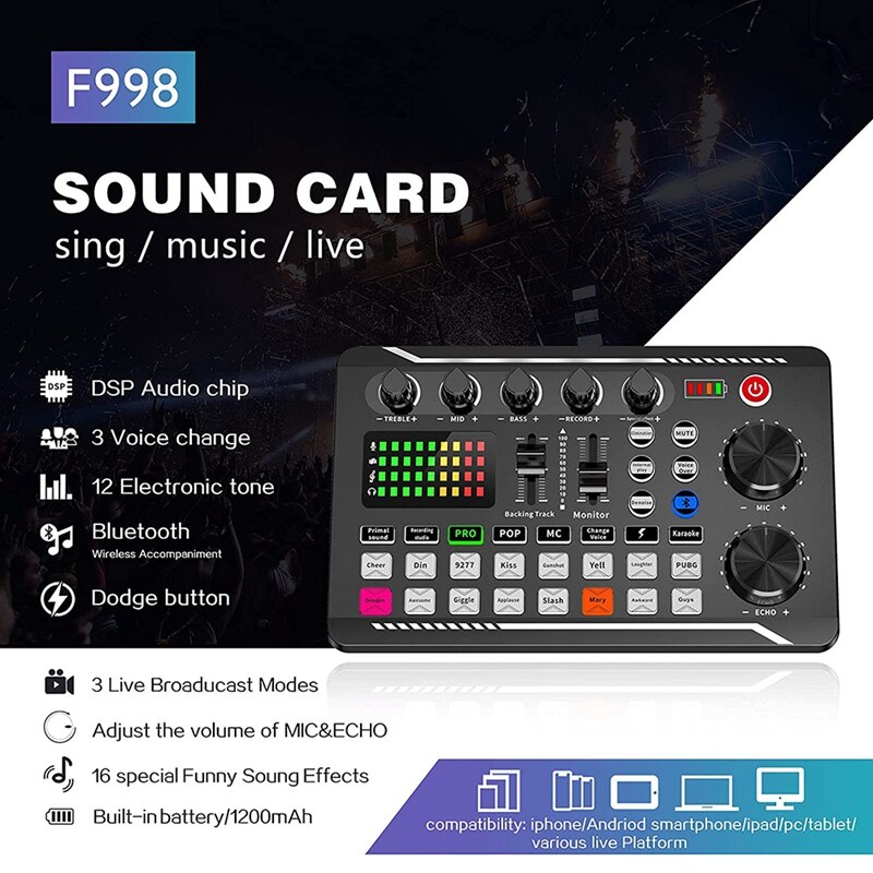 F998 Sound Card Microphone Sound Audio Interface Mixer Sound Card Mixing Console Amplifier For Phone PC