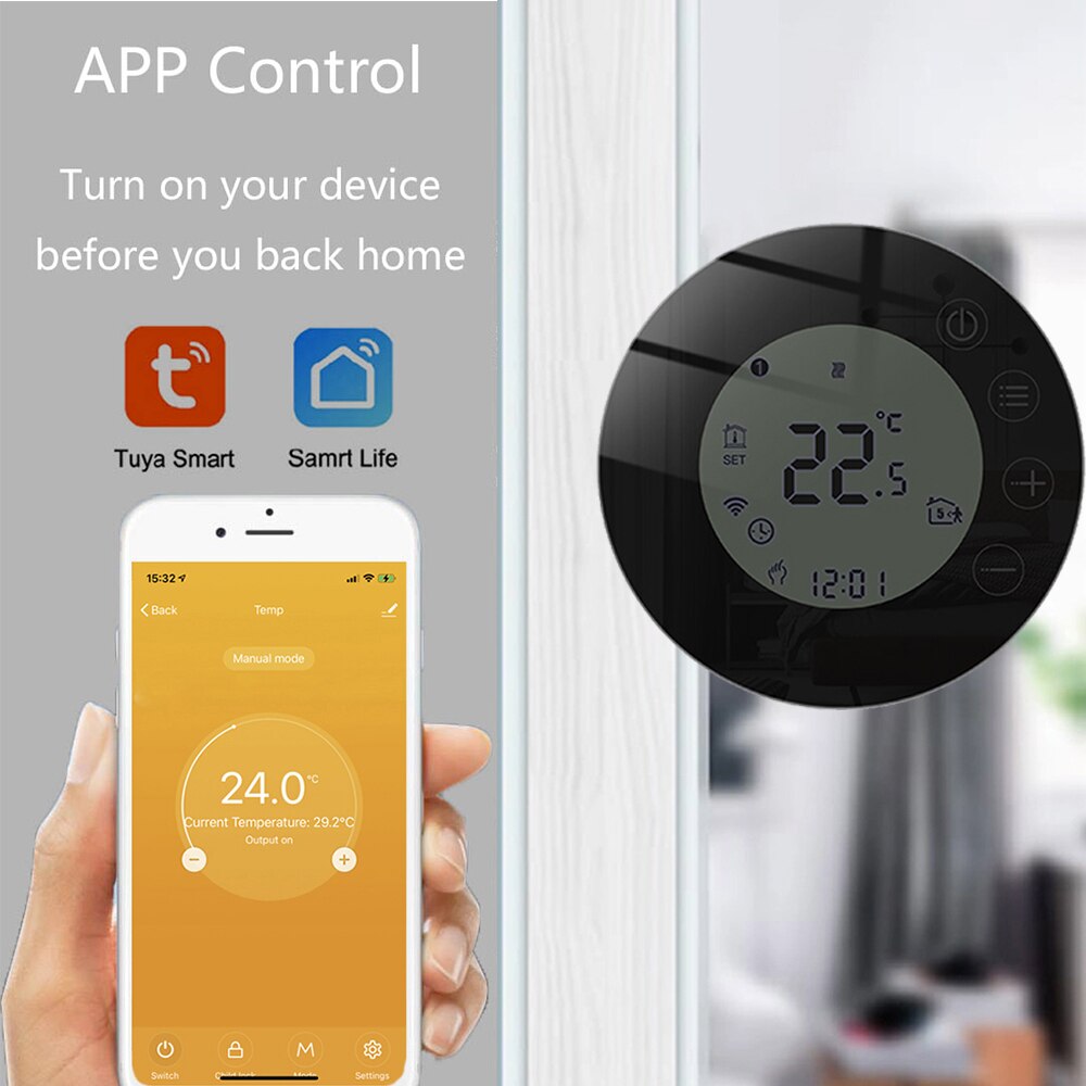Beok – Thermostat WIFI pour maison intelligente, rond Tuya, pour chauffage au sol, régulateur de température, 220V, noir, Alexa Google Home