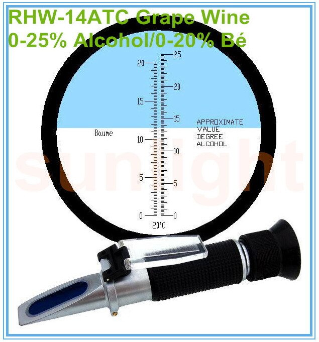 RHW-14ATC 0-25% Vol Alcohol/Baume Druif Wijn Refractometer met Plastic Doos en Traceerbare Levering Service