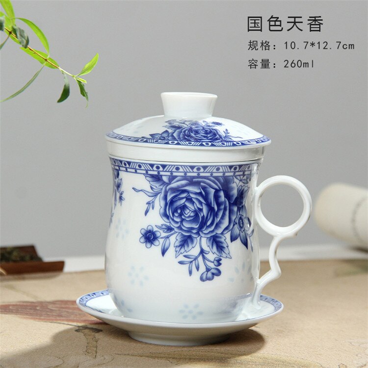 Retro Chinese Blauw Wit Porselein Thee Cup Set Met Schotel Deksel Infuser 260 Ml Keramische Theekopje Met Thee Filter: Peony