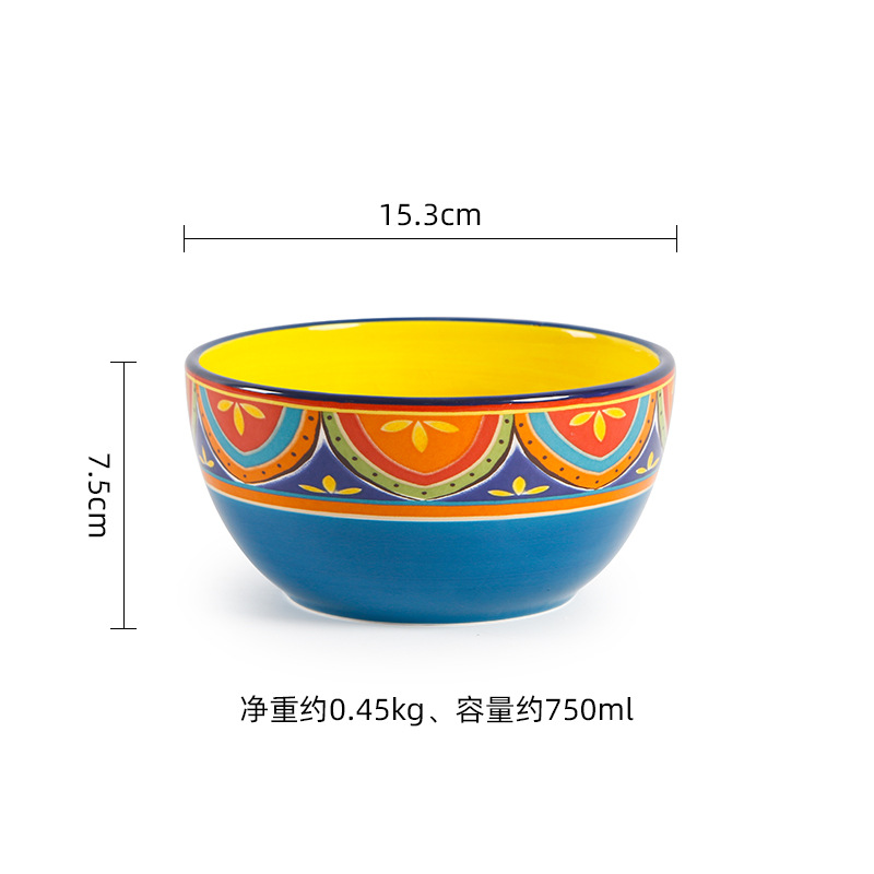 Série latine bols à salade en céramique créatifs, plats occidentaux peints à la main, bols à riz maison sous glaçure, ensemble d'assiettes à nouilles: 6 inch bowl-blue