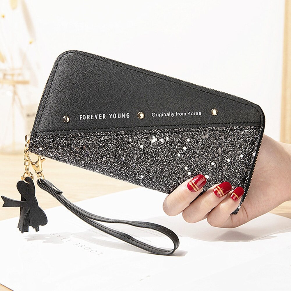 Sequined Patchwork Glitter Wallet for Women Long PU Leather Wallet Coin Purse Female Wallets Girls Wholeale: black