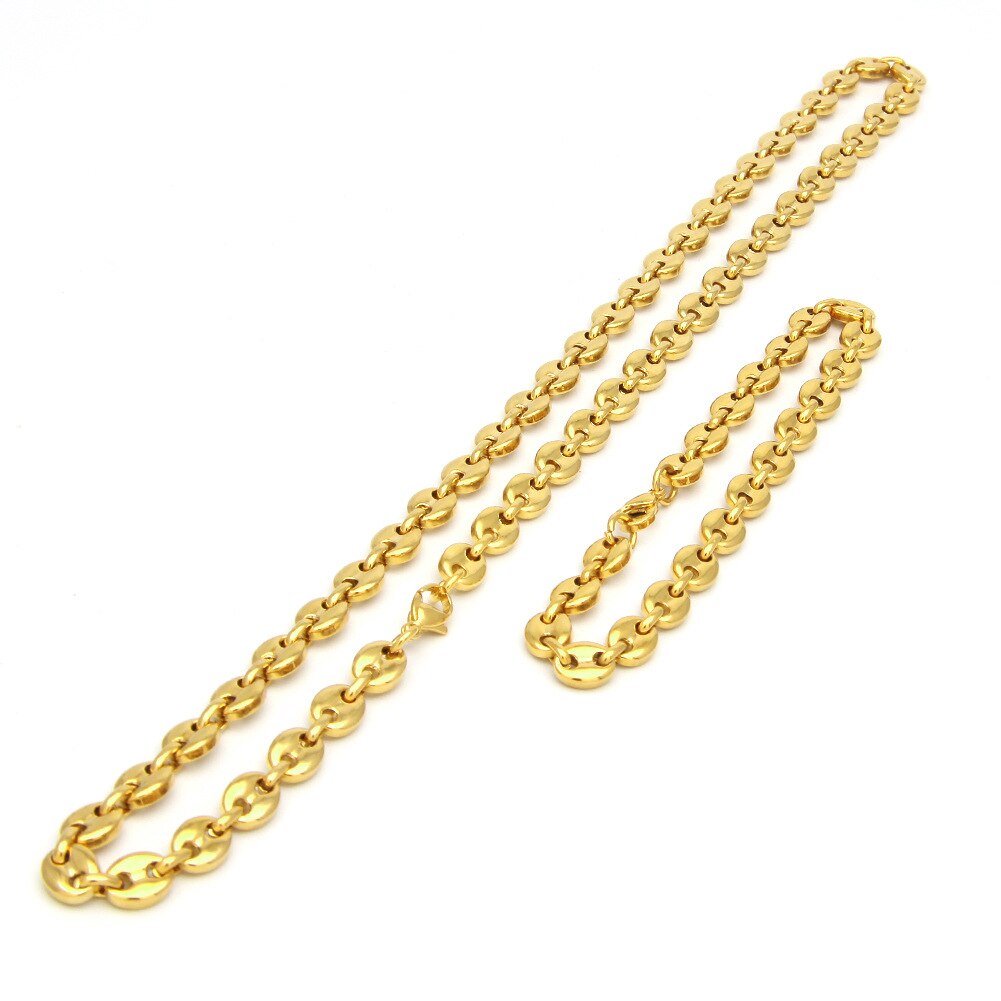 8mm 10mm 13mm koffieboon kettingen voor mannen vrouwen roestvrij staal varkensneus schakelkettingen armbanden choker set valentijnsdag: Goud zetten / 13mm