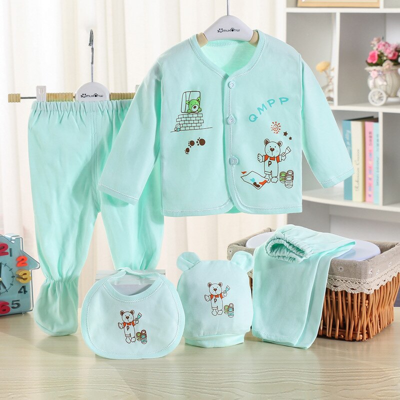 5pcs/sets Newborn Baby Unisex Clothing Soft Cotton Set Infant Long Sleeve Girls Shirt+pant Bibs Hat Suit Underwear: style 5