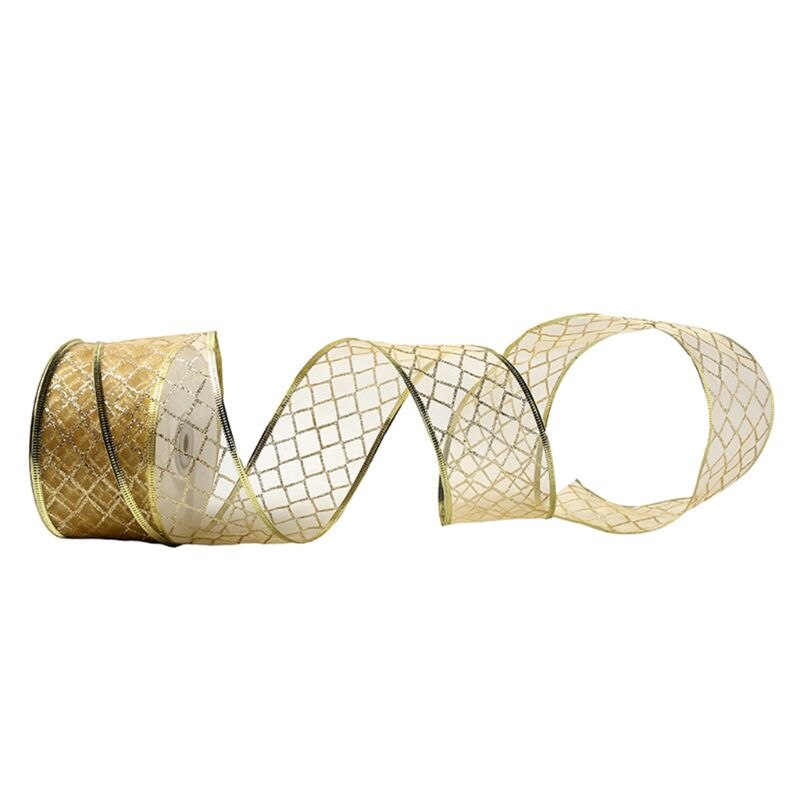 Cinta de Organza transparente de celosía de 50 yardas para decoración de árbol de Navidad Q39B: Gold