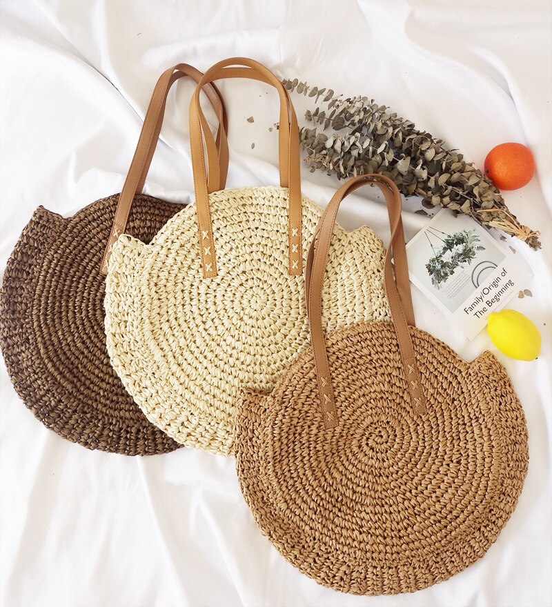 precioso bolso redondo de paja para mujer, bohemio, informal, de verano, tejido a mano, redondo, de mimbre, bolsos de playa, bolso de hombro de paja a la para mujer