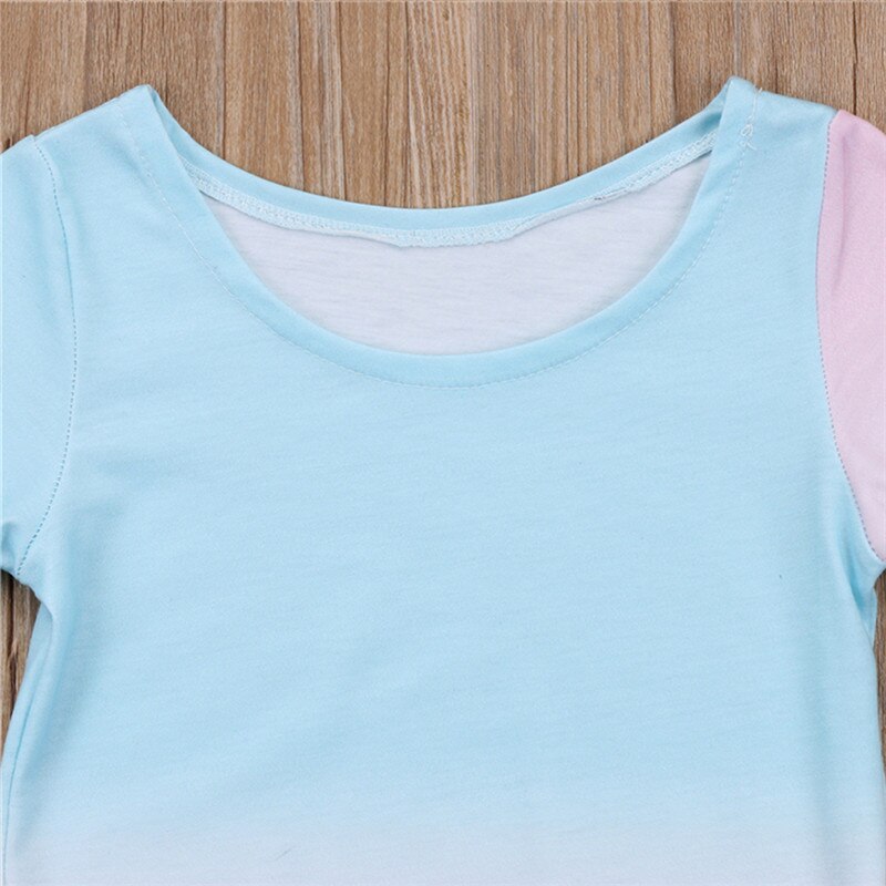 Été décontracté robe de -né infantile bébé filles dégradé coloré élastique col rond à manches courtes T-shirt fendu hauts longs