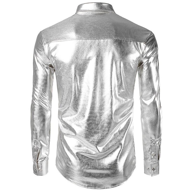 Herr smoking skjortor långärmade slim fit solid glänsande guld silver skjorta sångare värd nattklubb bar scen toppar kostym