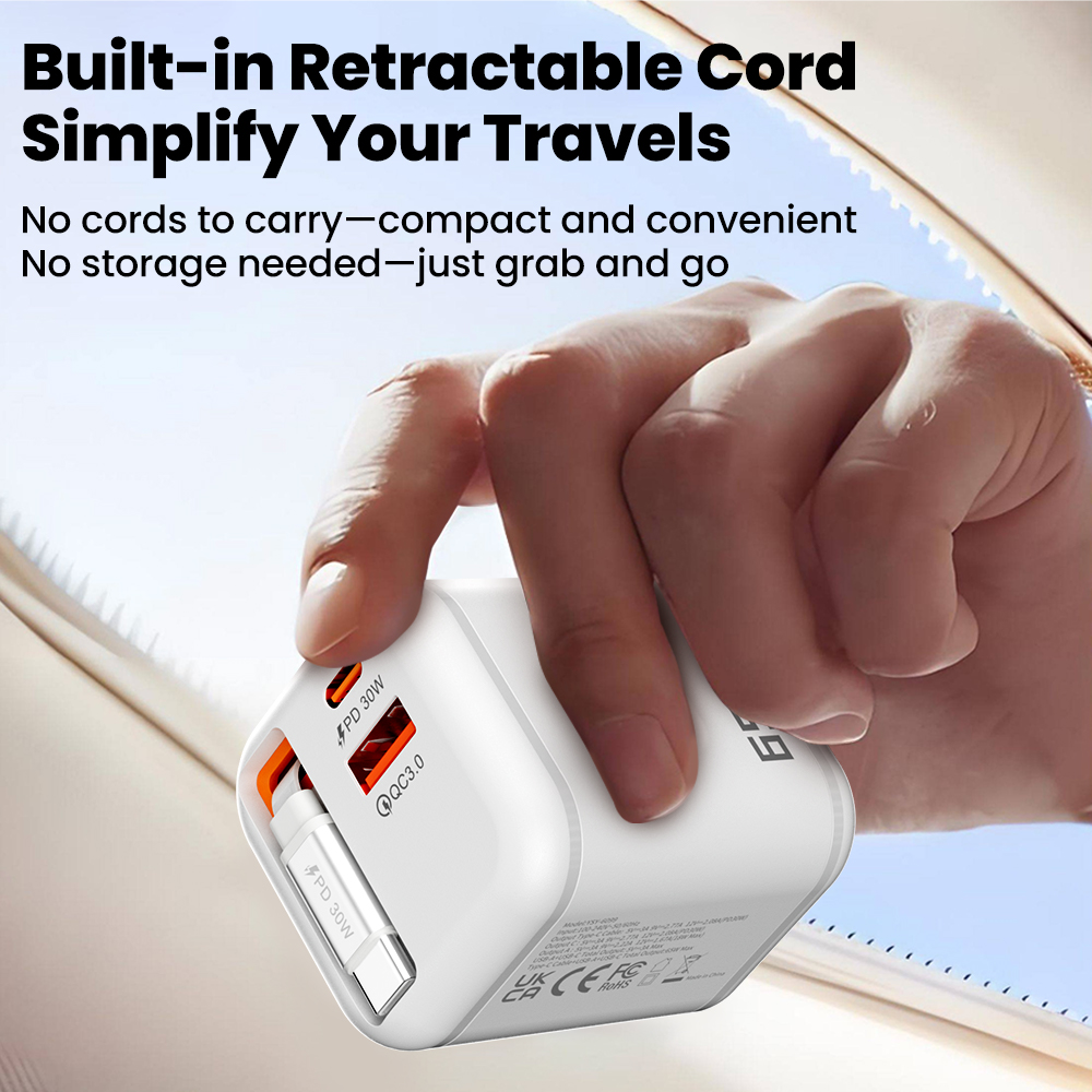 65w- poorts dual-port intrekbare kabel snellader snellader reis usb-c oplader eu/us/uk stekkeradapter voor iphone 15 16 17