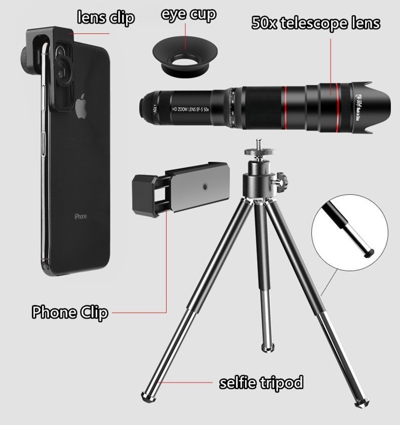 HD 50X Phone Lens Camera Telephoto Zoom Monocular Telescope Lens SelfieTripod For All Smartphones Adjustable Cell Phone Lenses