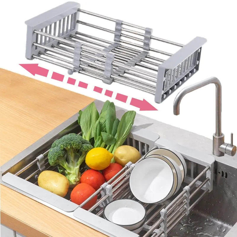 Küche Waschbecken Gestell Einstellbare Edelstahl Gericht Abfluss Gestell Waschbecken Platte Schüssel Halfter Geschirr Organizer Obst Gemüse Abtropffläche