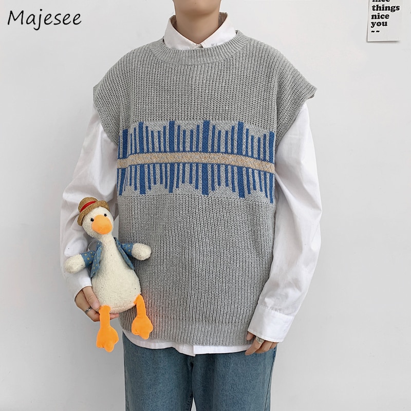 Mannen Trui Vest Print Losse Gebreide Harajuku Eenvoudige Lente Herfst Mannetjes Leisure Chic Trendy Uitloper Koreaanse Stijl Mode